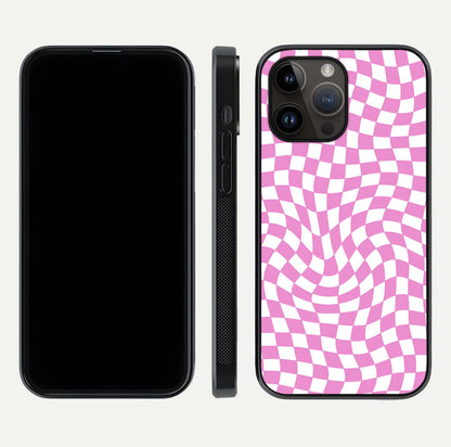Bubblegum Check Wave iPhone 14 Pro Max glass phone case front and side layout view displaying slim profile and full pattern coverage