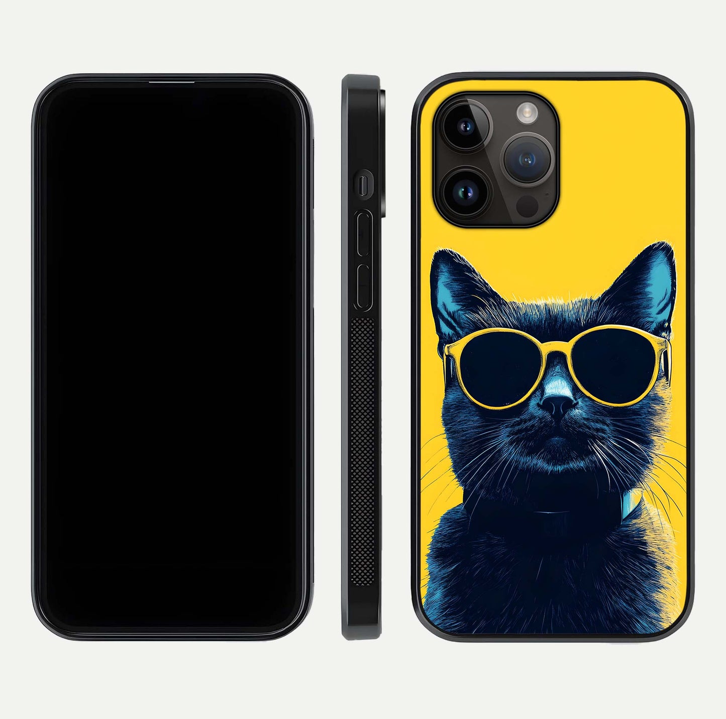 Cool Cat Vibes iPhone 14 Pro Max glass phone case front and side layout view showing slim frame and full design coverage
