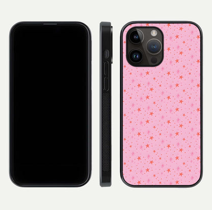 Cosmic Pink Sparkle iPhone 14 Pro Max glass phone case front and side layout view displaying slim profile and full cosmic coverage
