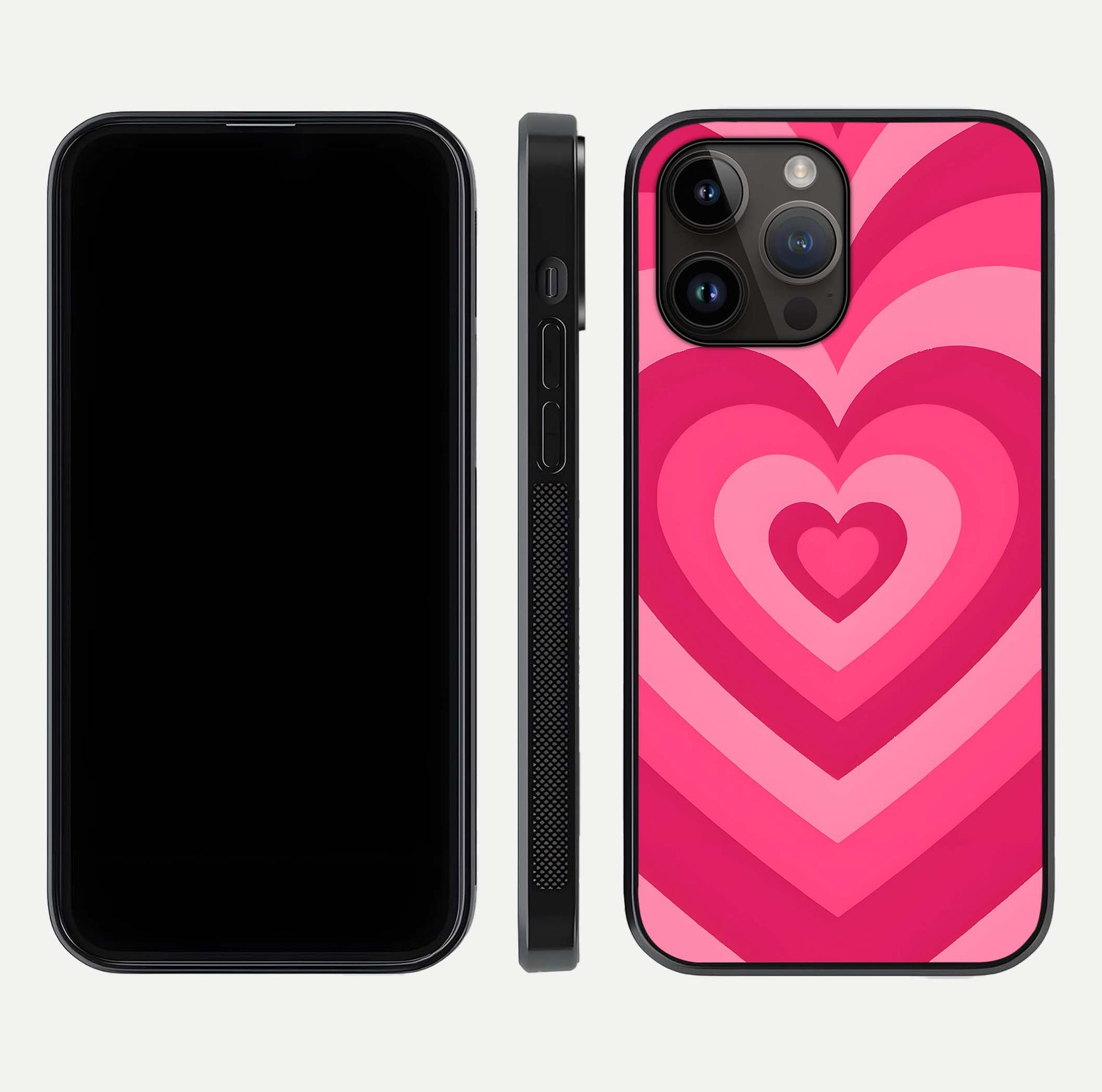 Layered Love Hearts iPhone 14 Pro Max glass phone case front and side layout view displaying slim profile and full heart design