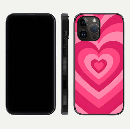 Layered Love Hearts iPhone 14 Pro Max glass phone case front and side layout view displaying slim profile and full heart design