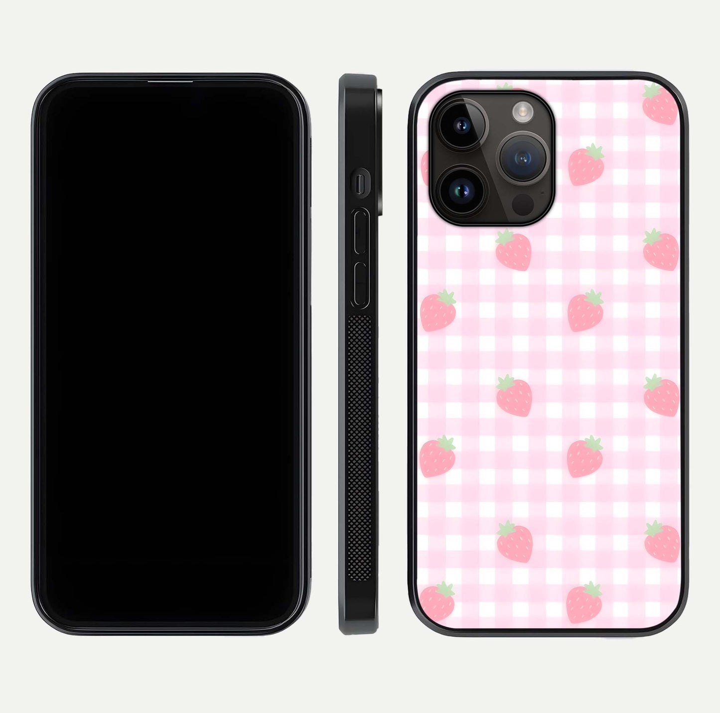 Strawberry Picnic Love iPhone 14 Pro Max glass phone case front and side layout view showing slim profile and full picnic design