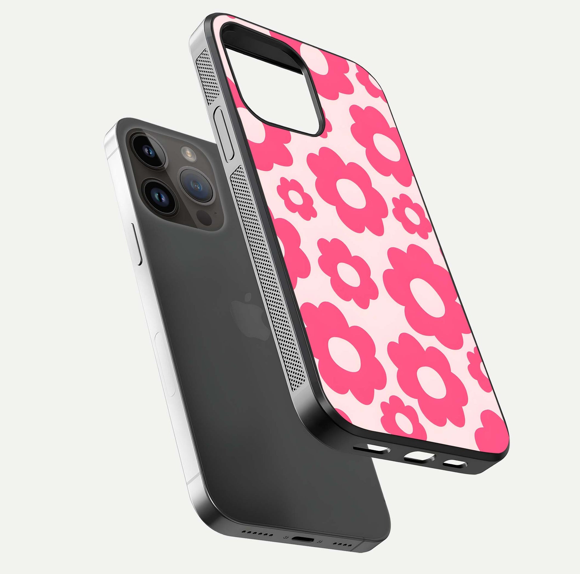Blush Flower Pop iPhone 14 Pro Max glass phone case floating view emphasizing premium build and vibrant flower artwork
