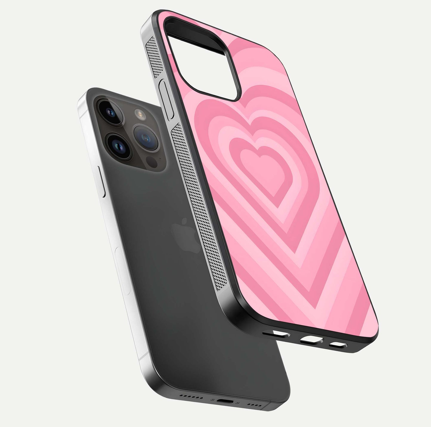 Blush Heart Waves iPhone 14 Pro Max glass phone case floating view emphasizing glossy finish and layered heart design