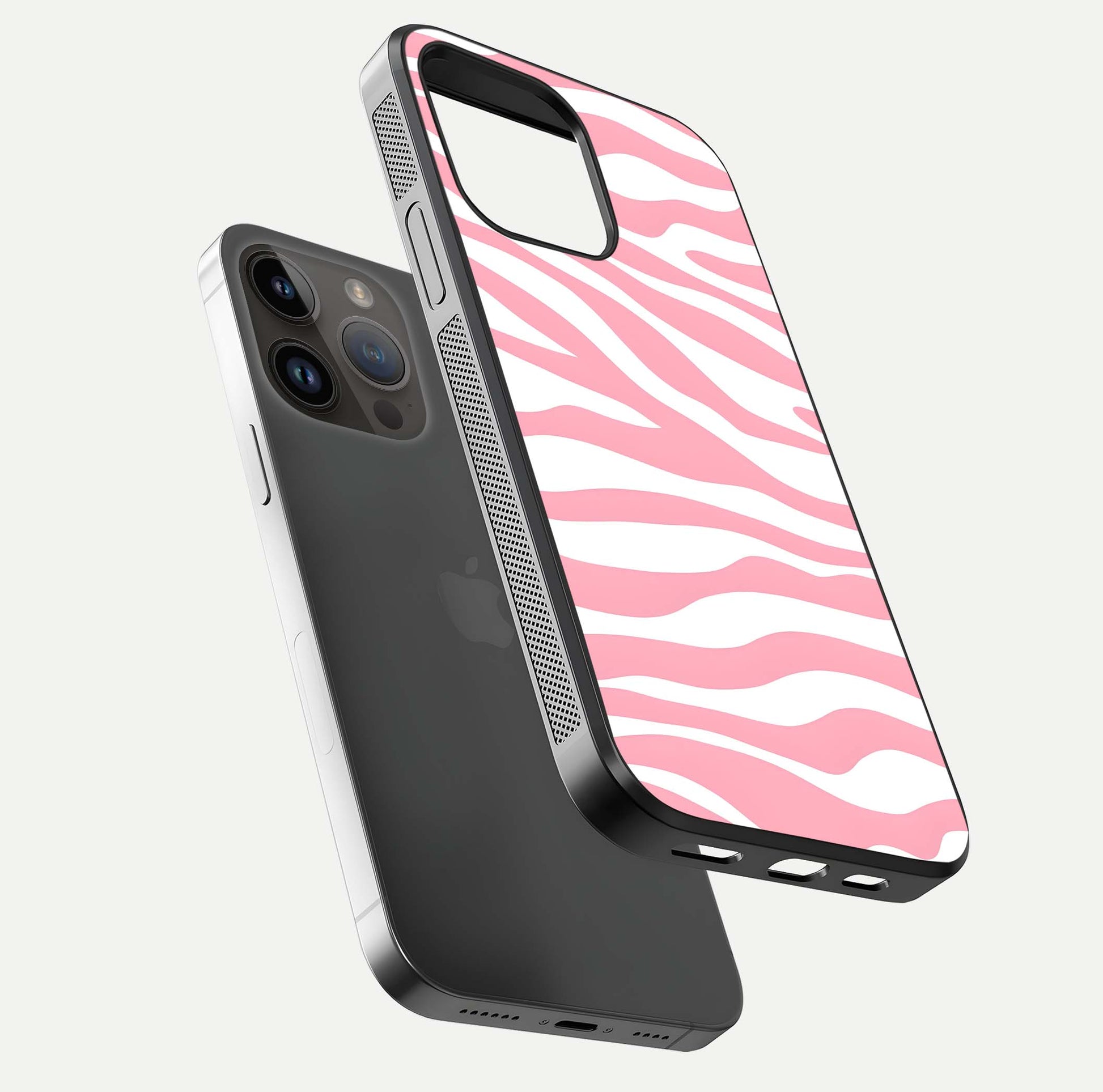 Blush Zebra Flow iPhone 14 Pro Max glass phone case floating view emphasizing premium glossy surface and dynamic design