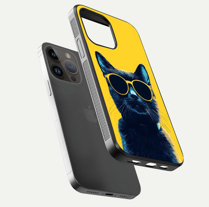 Cool Cat Vibes iPhone 14 Pro Max glass phone case floating view emphasizing glossy finish and fun cat vibe