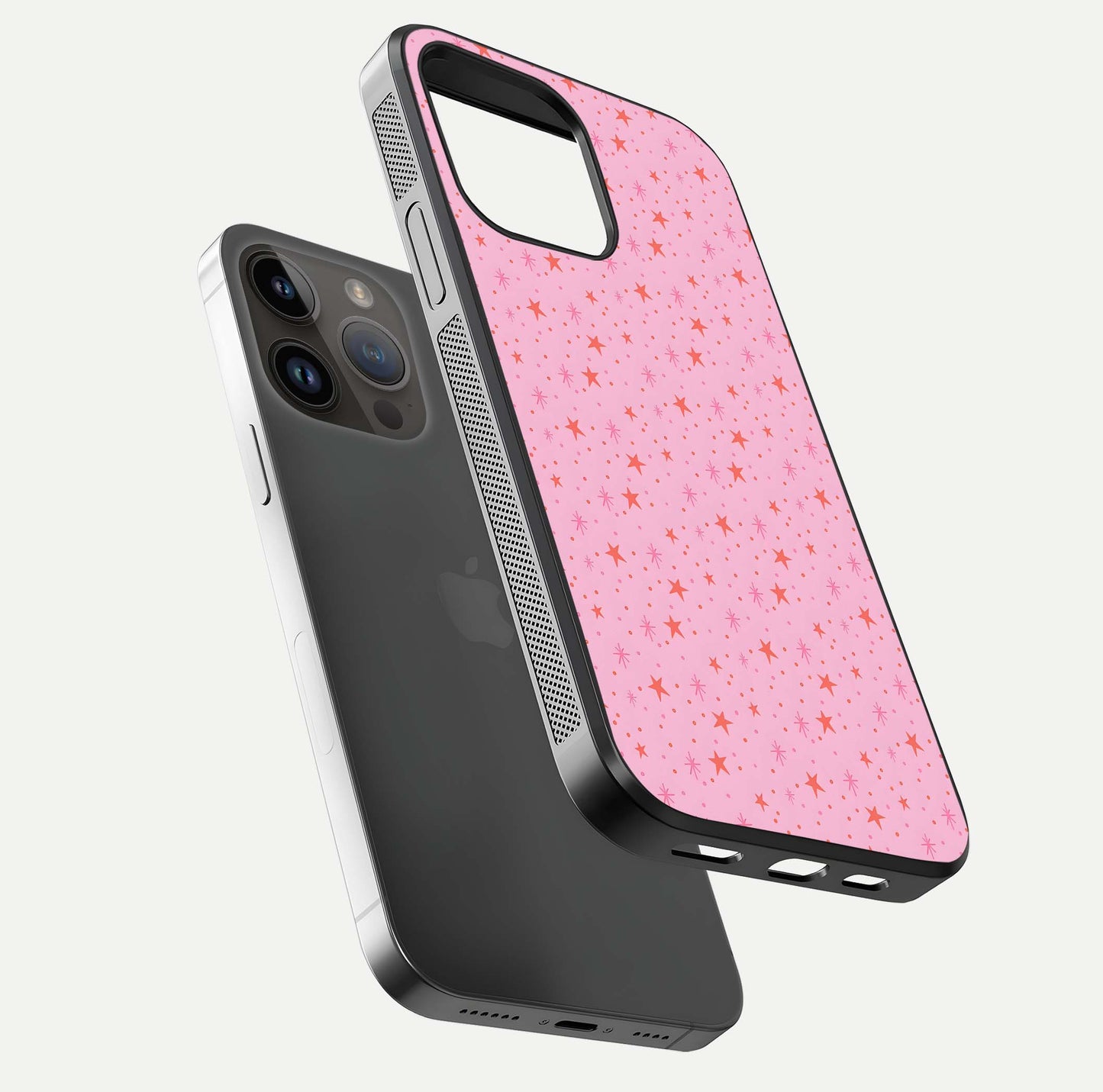 Cosmic Pink Sparkle iPhone 14 Pro Max glass phone case floating view emphasizing premium glass surface and glittering details