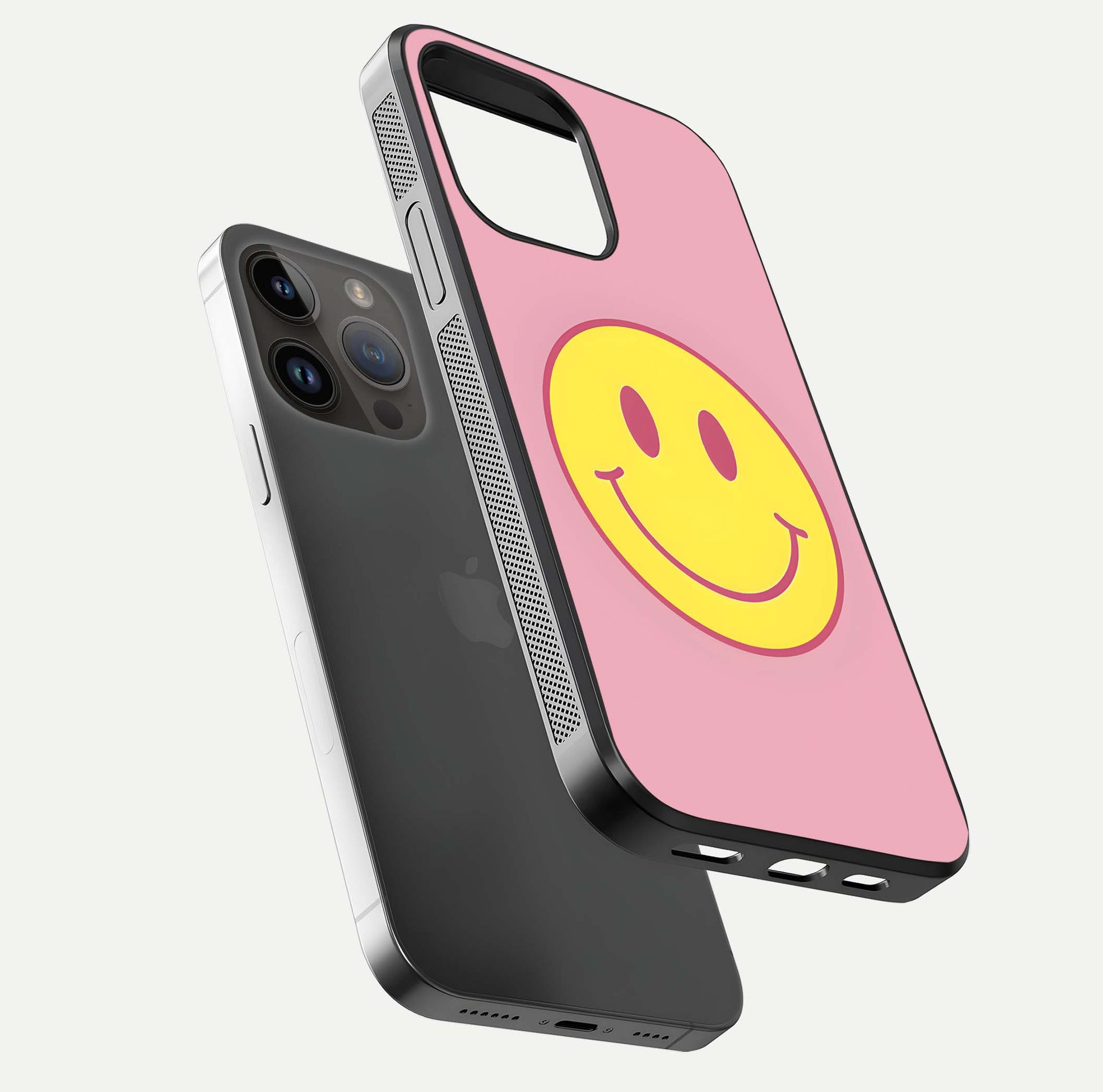 Happy Pink Mood iPhone 14 Pro Max glass phone case floating view emphasizing glossy finish and joyful color palette