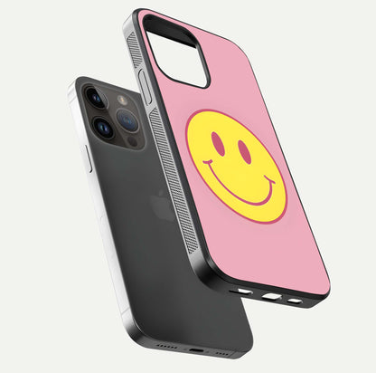 Happy Pink Mood iPhone 14 Pro Max glass phone case floating view emphasizing glossy finish and joyful color palette