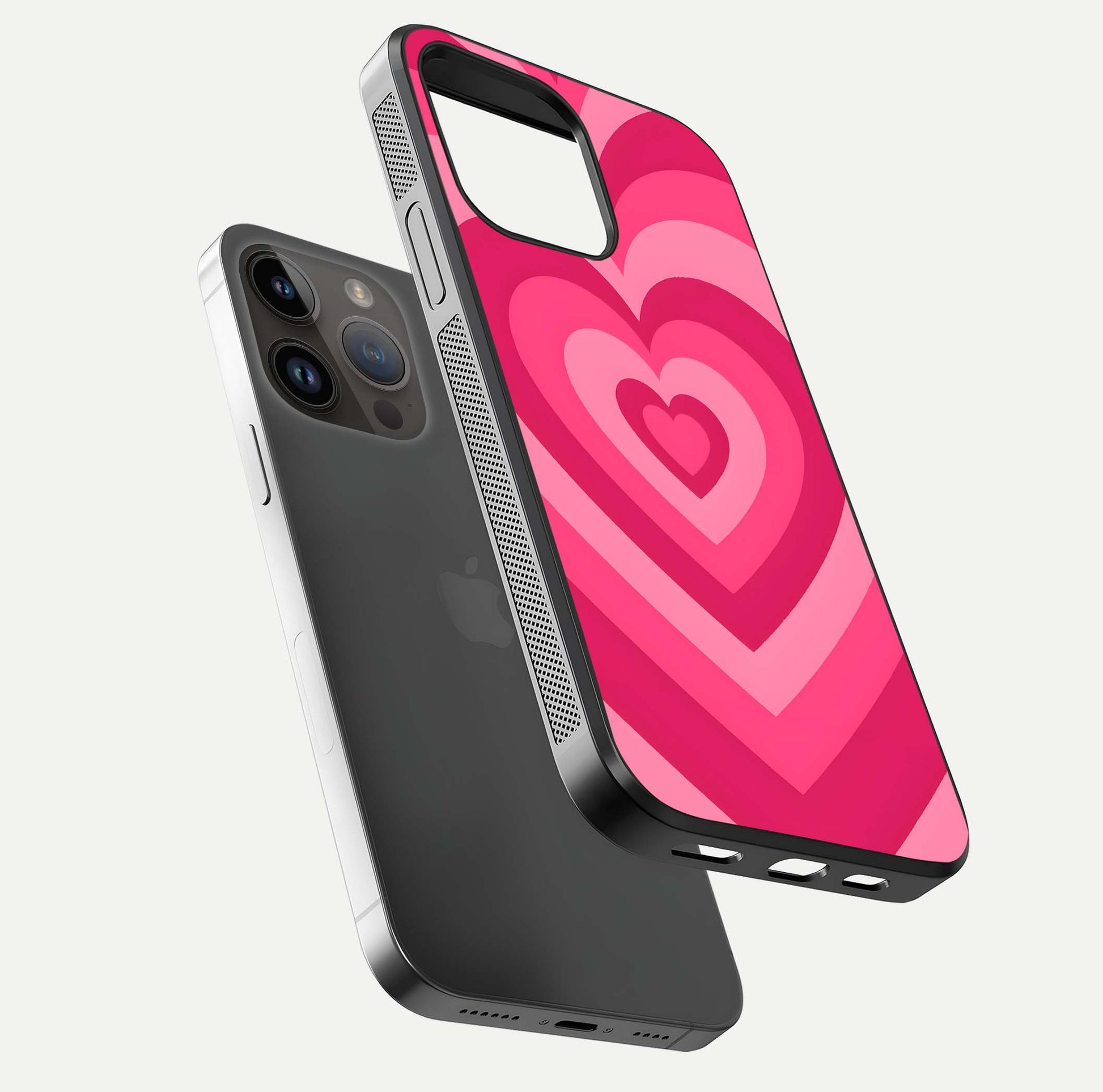 Layered Love Hearts iPhone 14 Pro Max glass phone case floating view emphasizing glossy surface and layered heart details