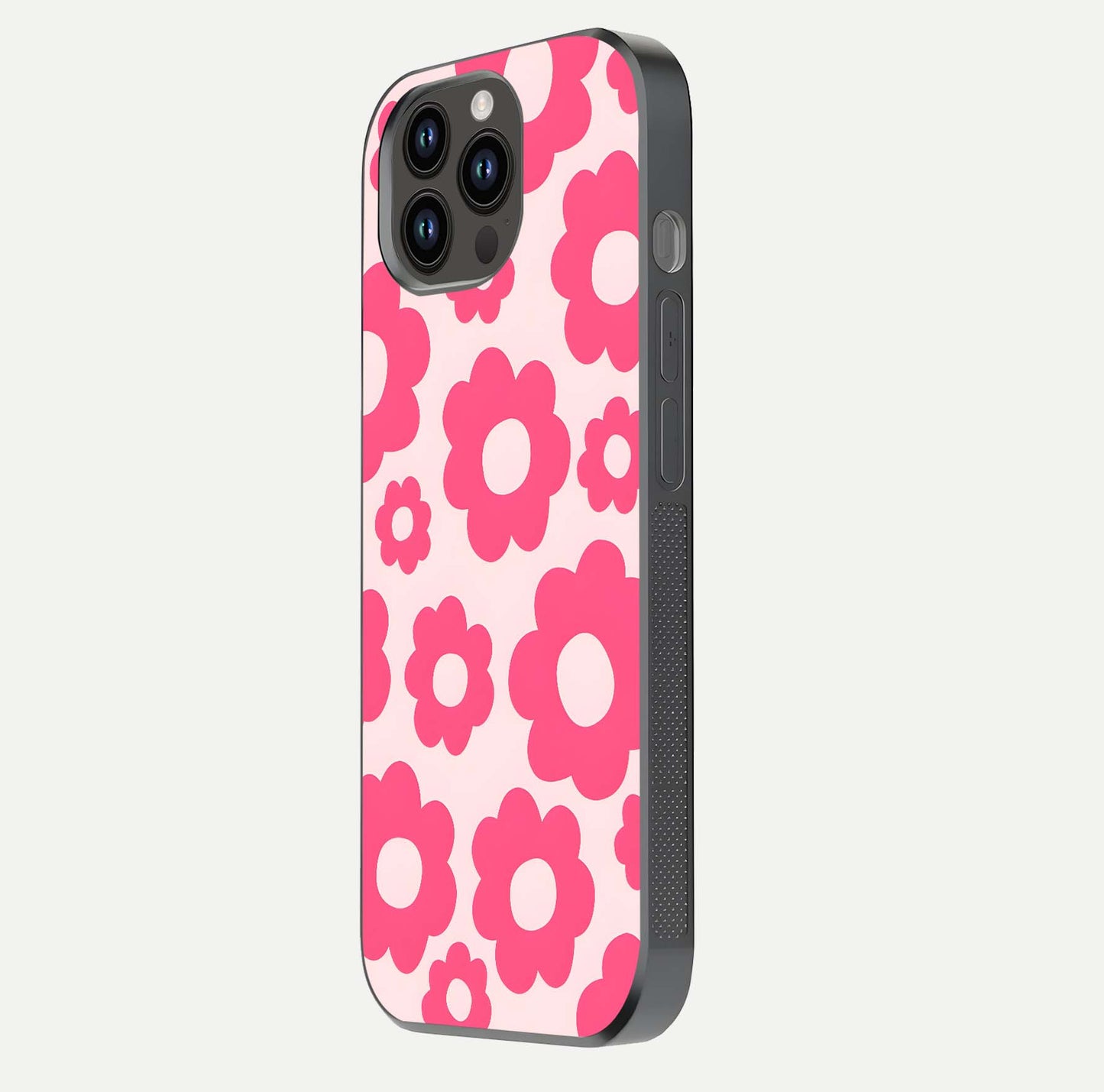Blush Flower Pop iPhone 14 Pro Max glass phone case side profile view focusing on clean edges and seamless floral wrap