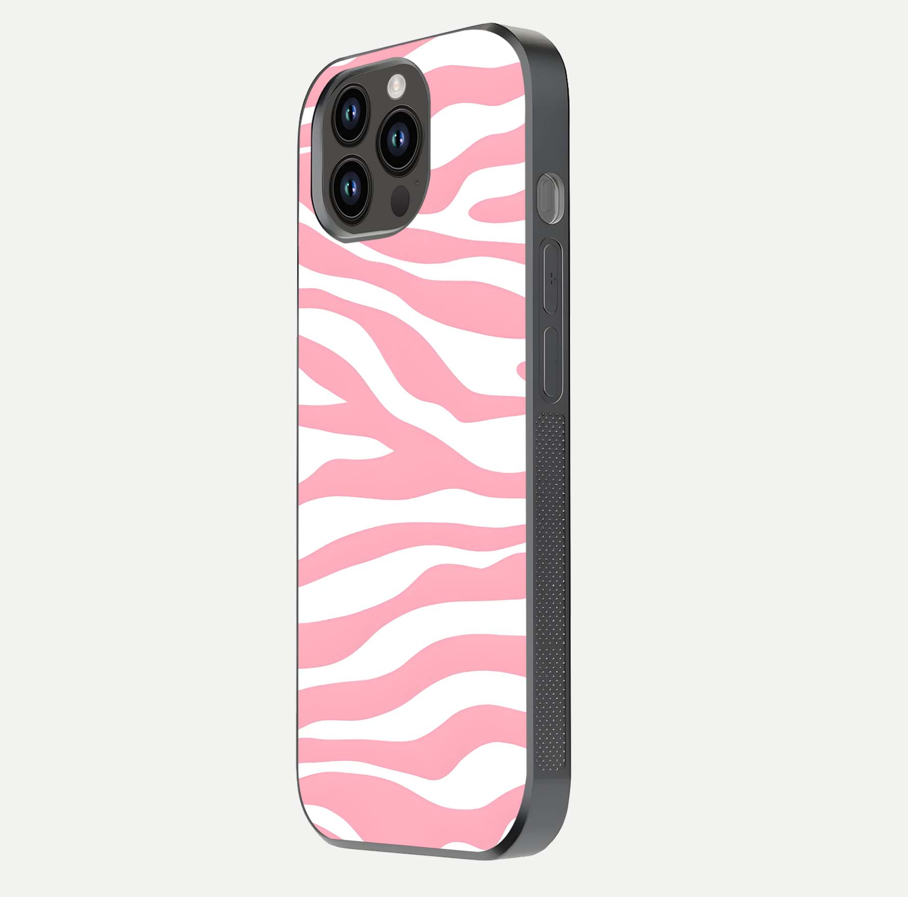 Blush Zebra Flow iPhone 14 Pro Max glass phone case side profile view focusing on sleek frame and seamless wrap