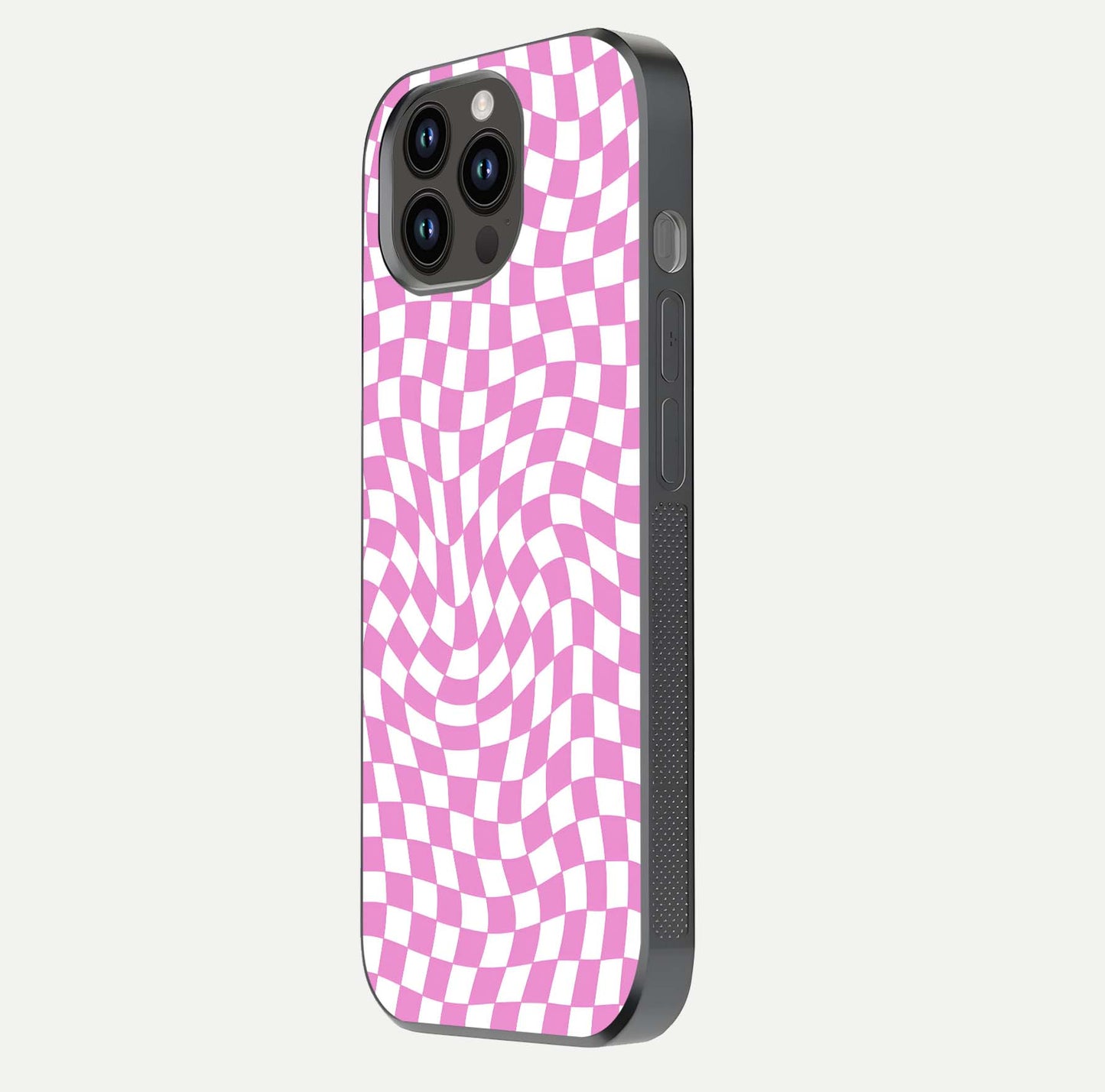 Bubblegum Check Wave iPhone 14 Pro Max glass phone case side profile view focusing on smooth edges and seamless wrap