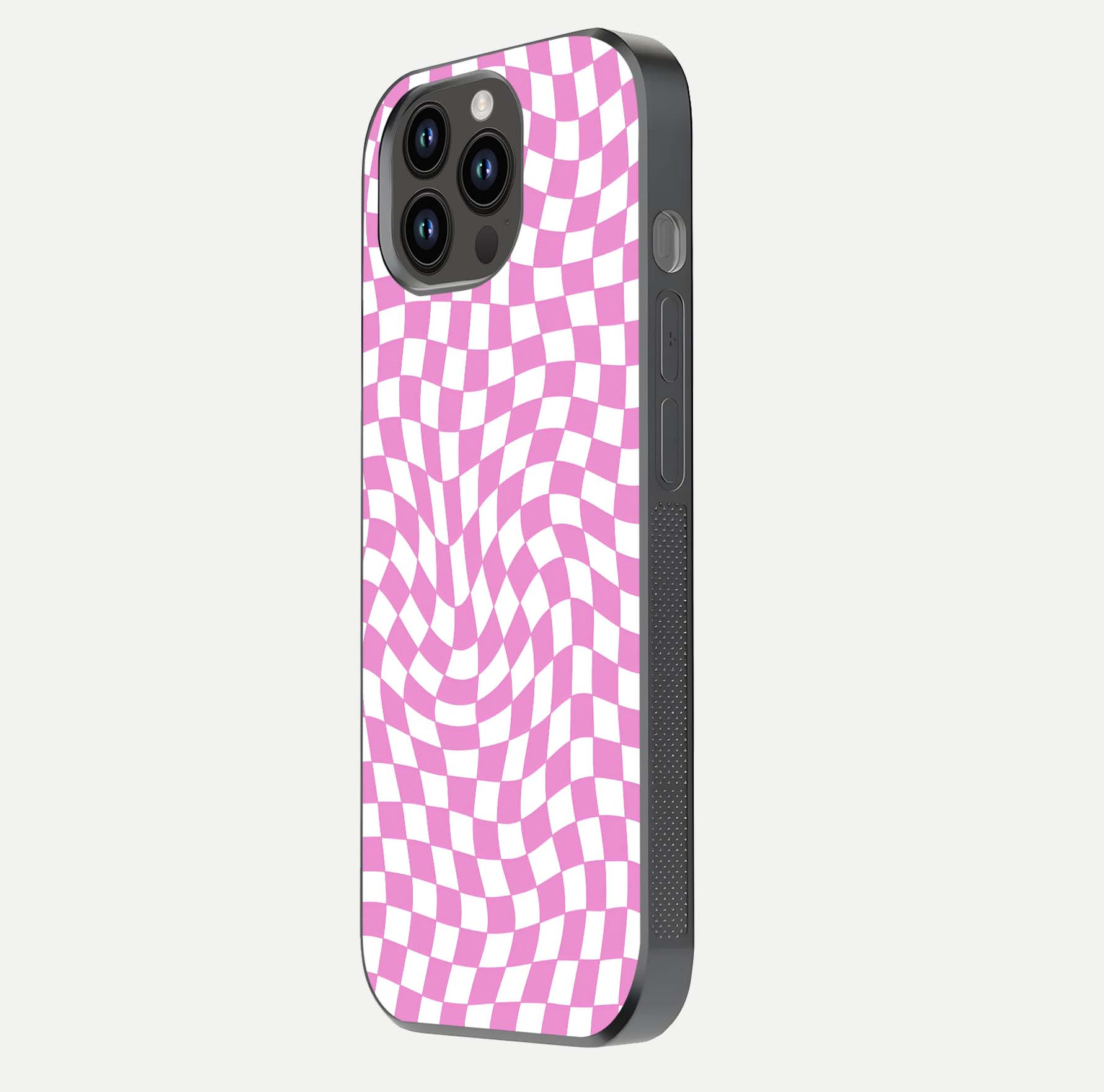 Bubblegum Check Wave iPhone 14 Pro Max glass phone case side profile view focusing on smooth edges and seamless wrap