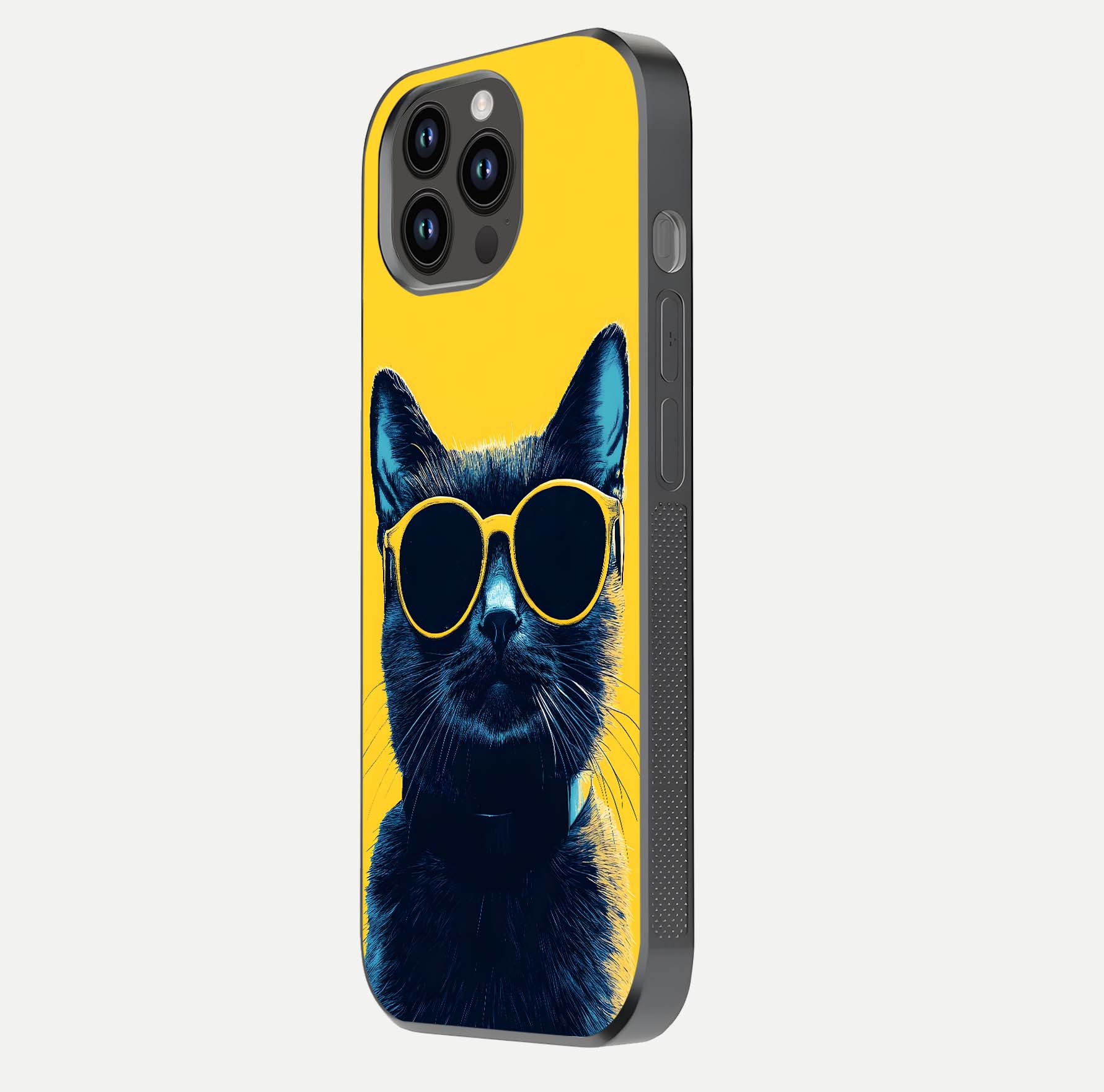 Cool Cat Vibes iPhone 14 Pro Max glass phone case side profile view focusing on sleek edges and seamless wrap