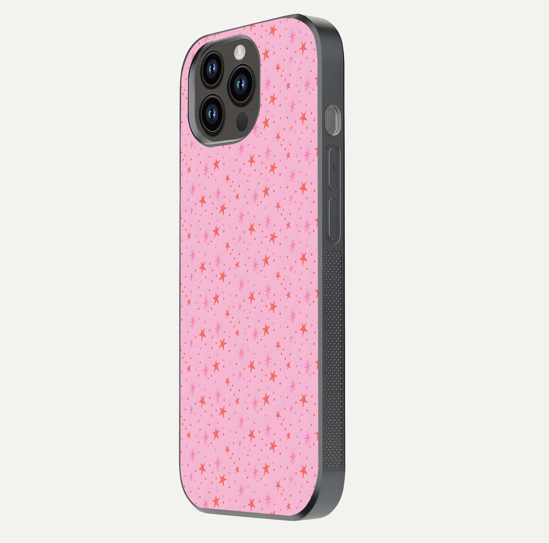 Cosmic Pink Sparkle iPhone 14 Pro Max glass phone case side profile view focusing on sleek edges and seamless wrap