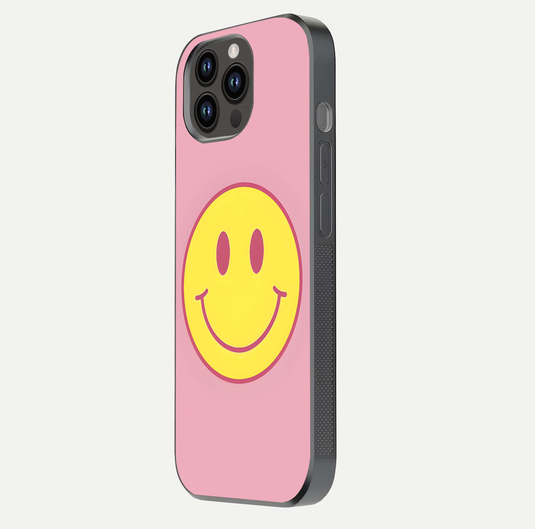 Happy Pink Mood iPhone 14 Pro Max glass phone case side profile view focusing on smooth frame and clean wrap