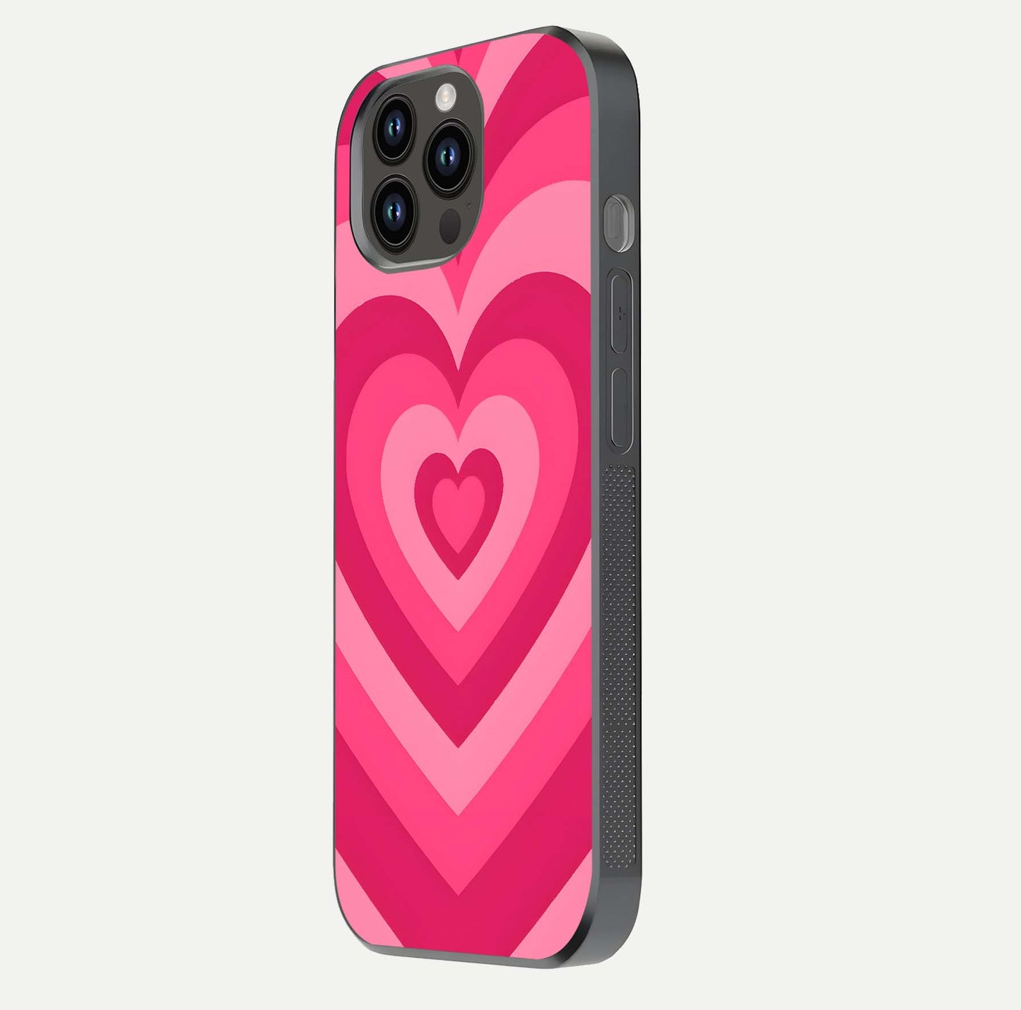 Layered Love Hearts iPhone 14 Pro Max glass phone case side profile view focusing on sleek edges and seamless wrap