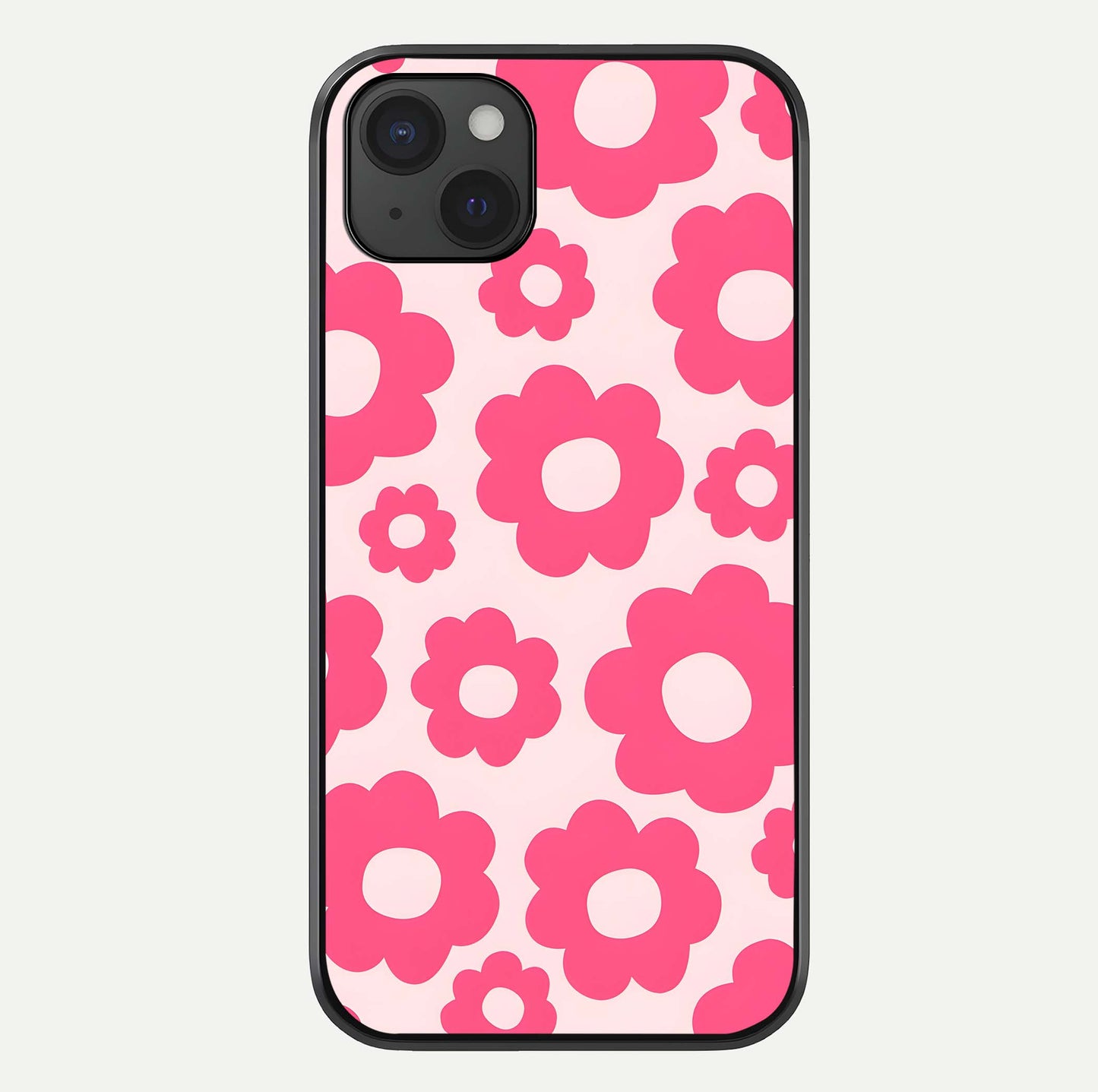 Blush Flower Pop iPhone 15 Plus glass phone case front view featuring playful blush floral artwork with glossy finish