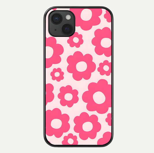 Blush Flower Pop iPhone 15 Plus glass phone case front view featuring playful blush floral artwork with glossy finish