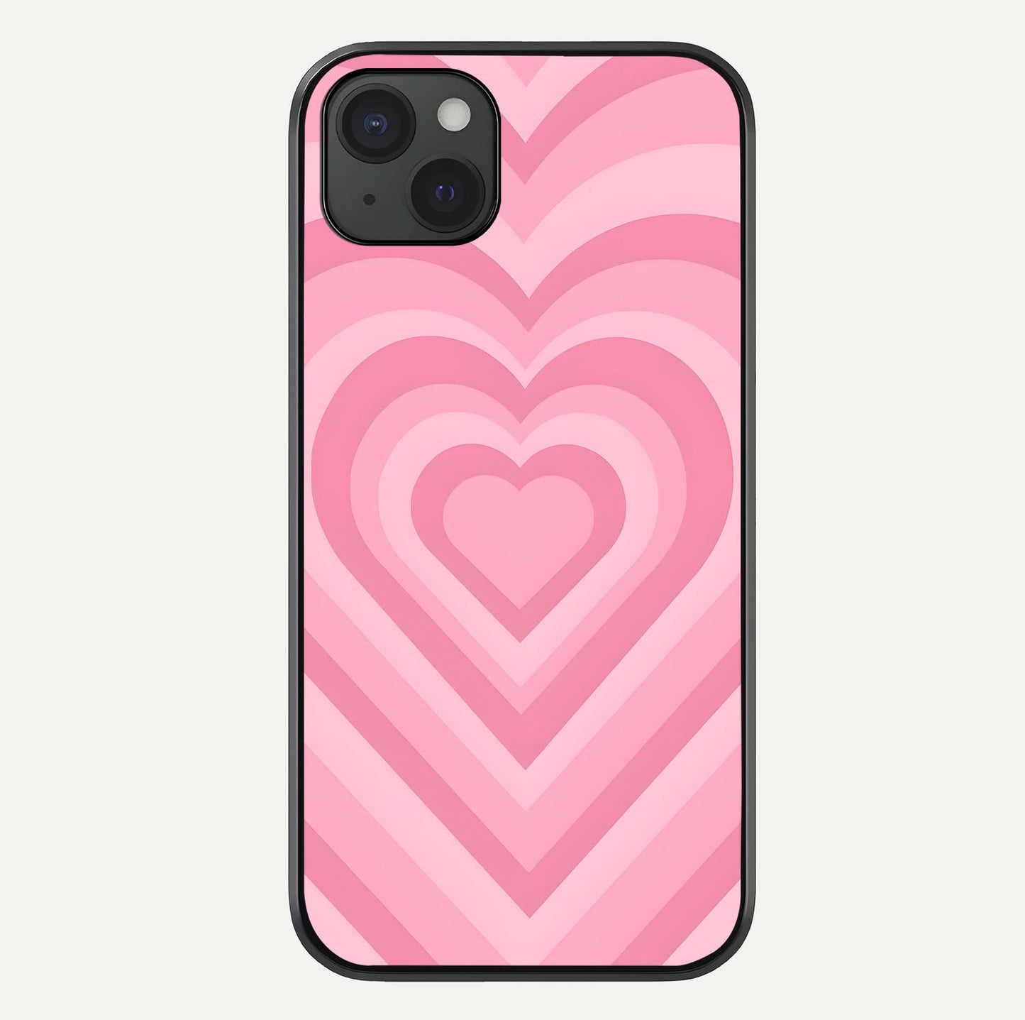 Blush Heart Waves iPhone 15 Plus glass phone case front view showcasing flowing heart wave patterns in soft blush tones