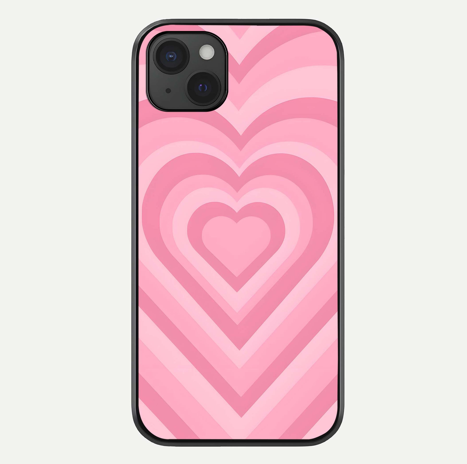 Blush Heart Waves iPhone 15 Plus glass phone case front view showcasing flowing heart wave patterns in soft blush tones