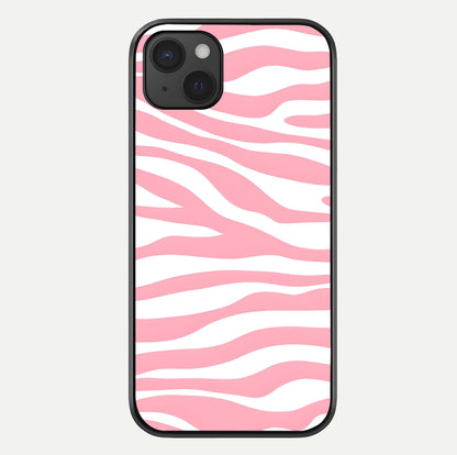 Blush Zebra Flow iPhone 15 Plus glass phone case front view featuring modern zebra flow pattern in blush tones