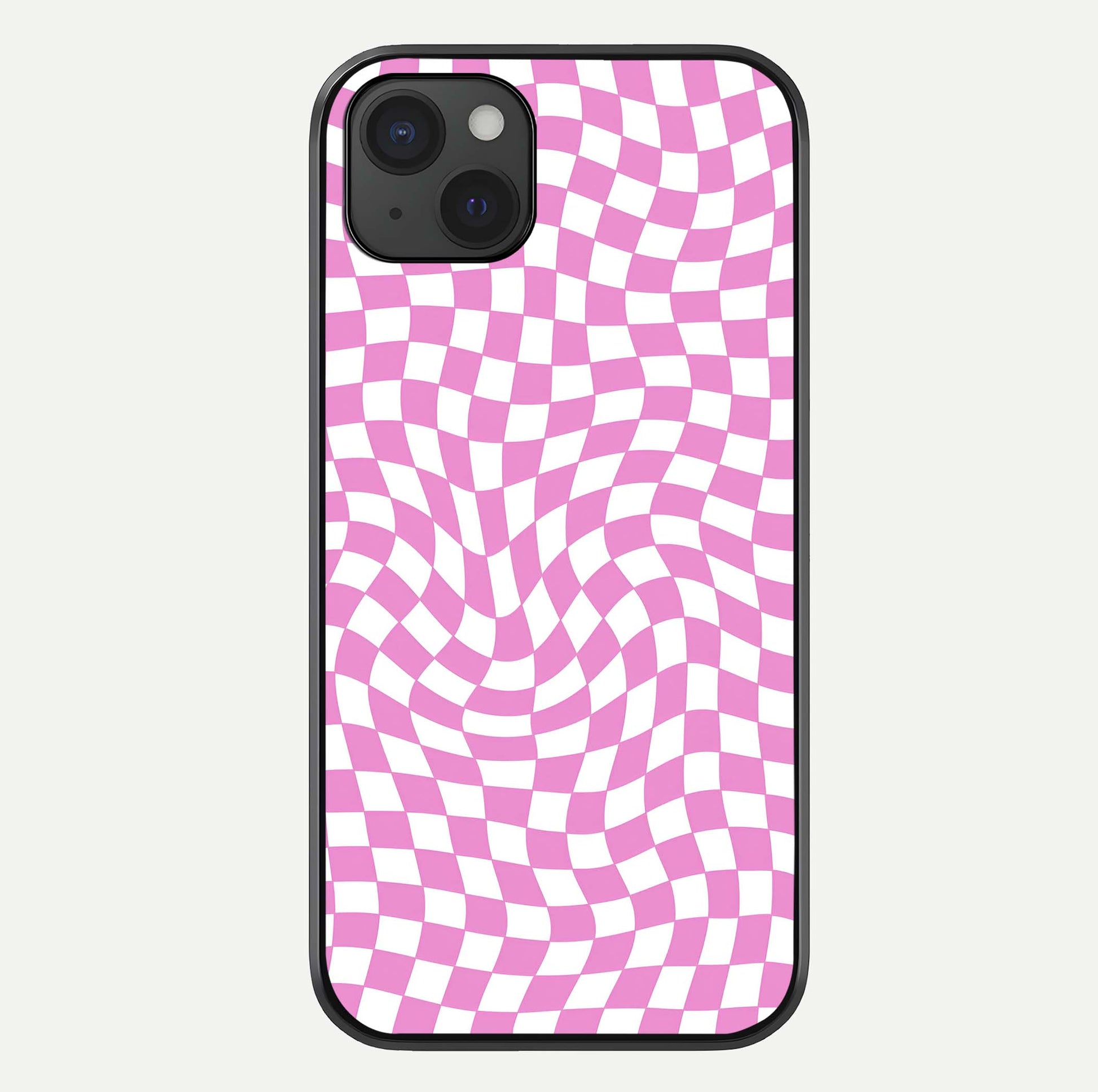 Bubblegum Check Wave iPhone 15 Plus glass phone case front view showcasing playful bubblegum check wave pattern with glossy finish