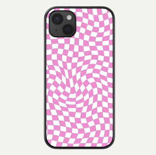 Bubblegum Check Wave iPhone 15 Plus glass phone case front view showcasing playful bubblegum check wave pattern with glossy finish