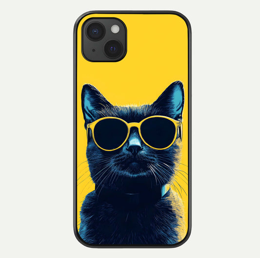 Cool Cat Vibes iPhone 15 Plus glass phone case front view featuring playful cat illustration with cool aesthetic tones