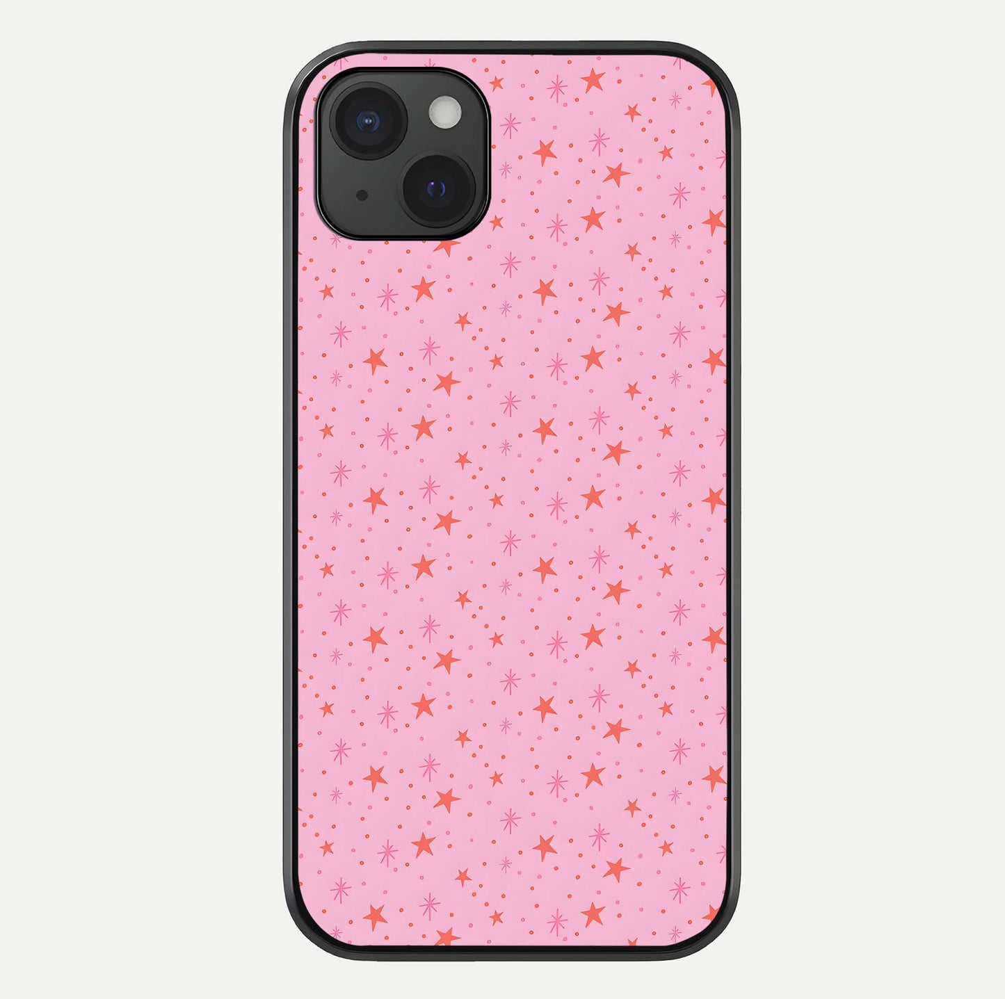 Cosmic Pink Sparkle iPhone 15 Plus glass phone case front view showcasing shimmering pink cosmic artwork with glossy finish