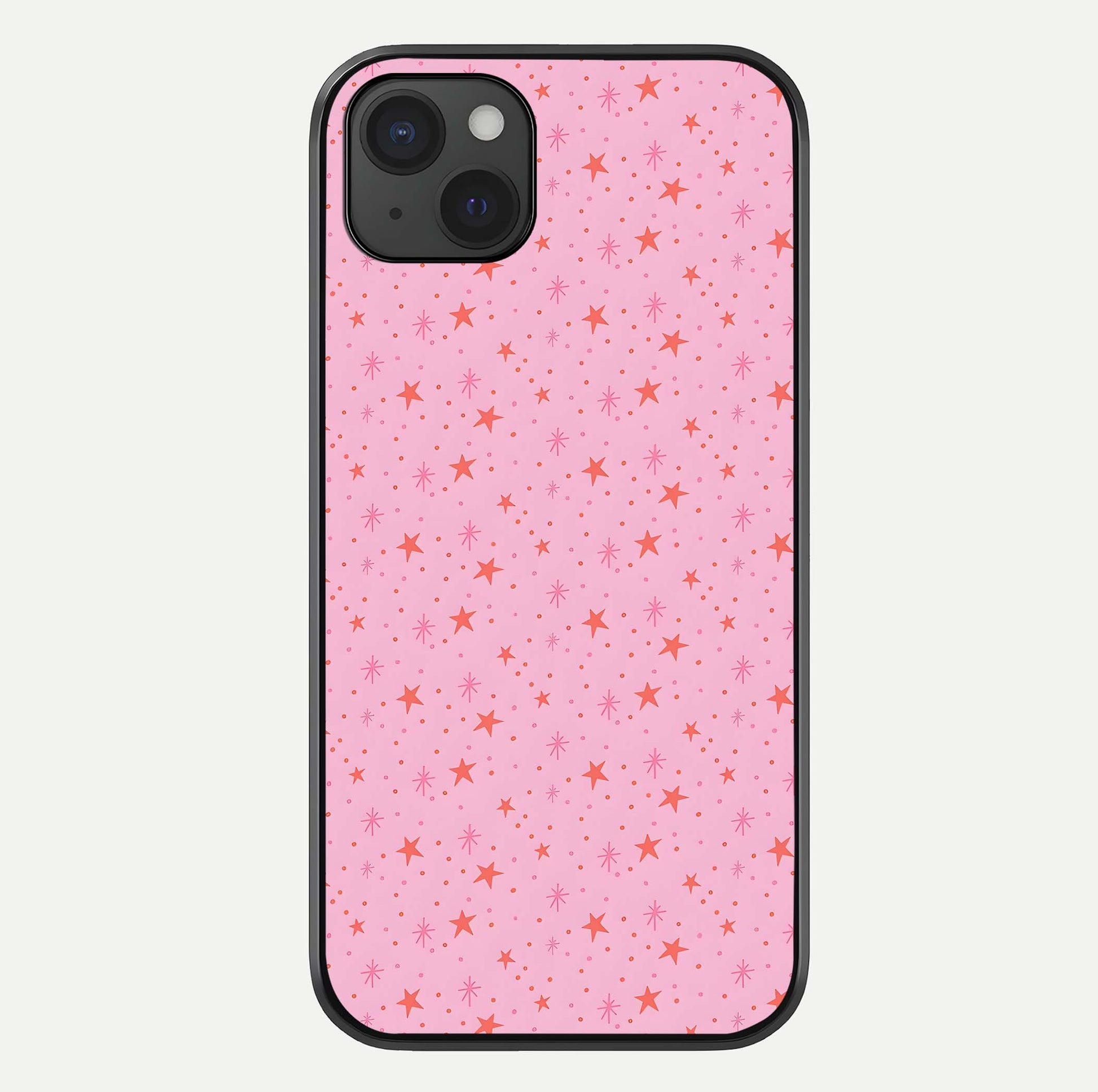 Cosmic Pink Sparkle iPhone 15 Plus glass phone case front view showcasing shimmering pink cosmic artwork with glossy finish