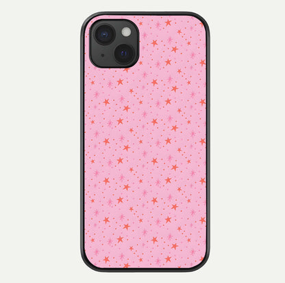 Cosmic Pink Sparkle iPhone 15 Plus glass phone case front view showcasing shimmering pink cosmic artwork with glossy finish