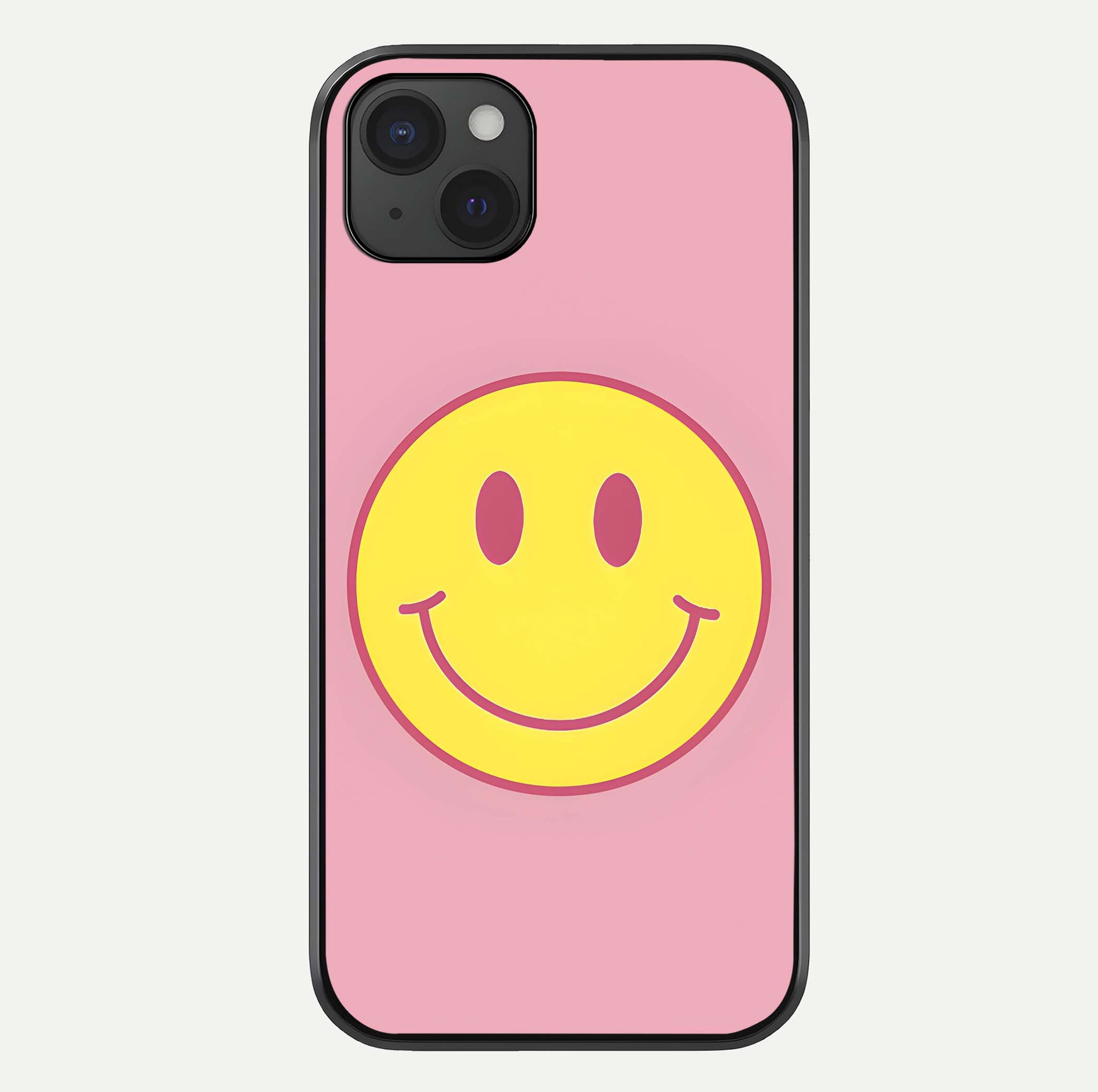 Happy Pink Mood iPhone 15 Plus glass phone case front view featuring cheerful pink tones and playful aesthetic design