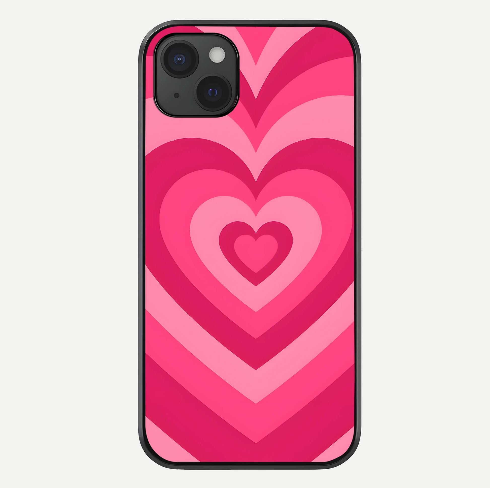 Layered Love Hearts iPhone 15 Plus glass phone case front view showcasing layered heart patterns with romantic aesthetic