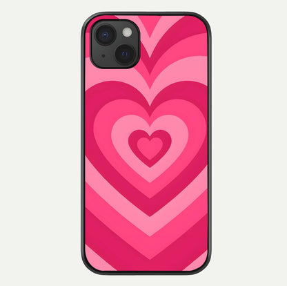Layered Love Hearts iPhone 15 Plus glass phone case front view showcasing layered heart patterns with romantic aesthetic