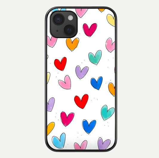 Playful Love Doodles iPhone 15 Plus glass phone case front view featuring cute love doodle illustrations with fun vibe