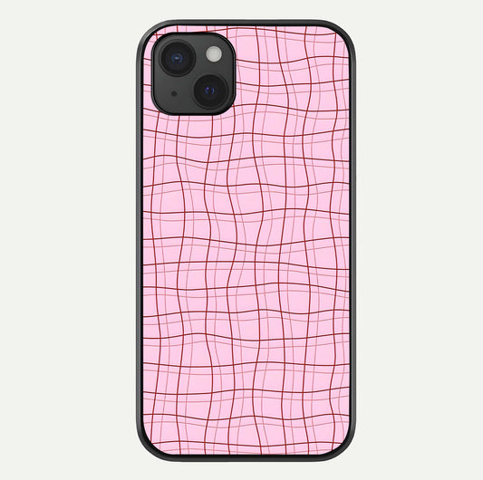 Soft Grid Bliss iPhone 15 Plus glass phone case front view showcasing minimal grid pattern with soft aesthetic
