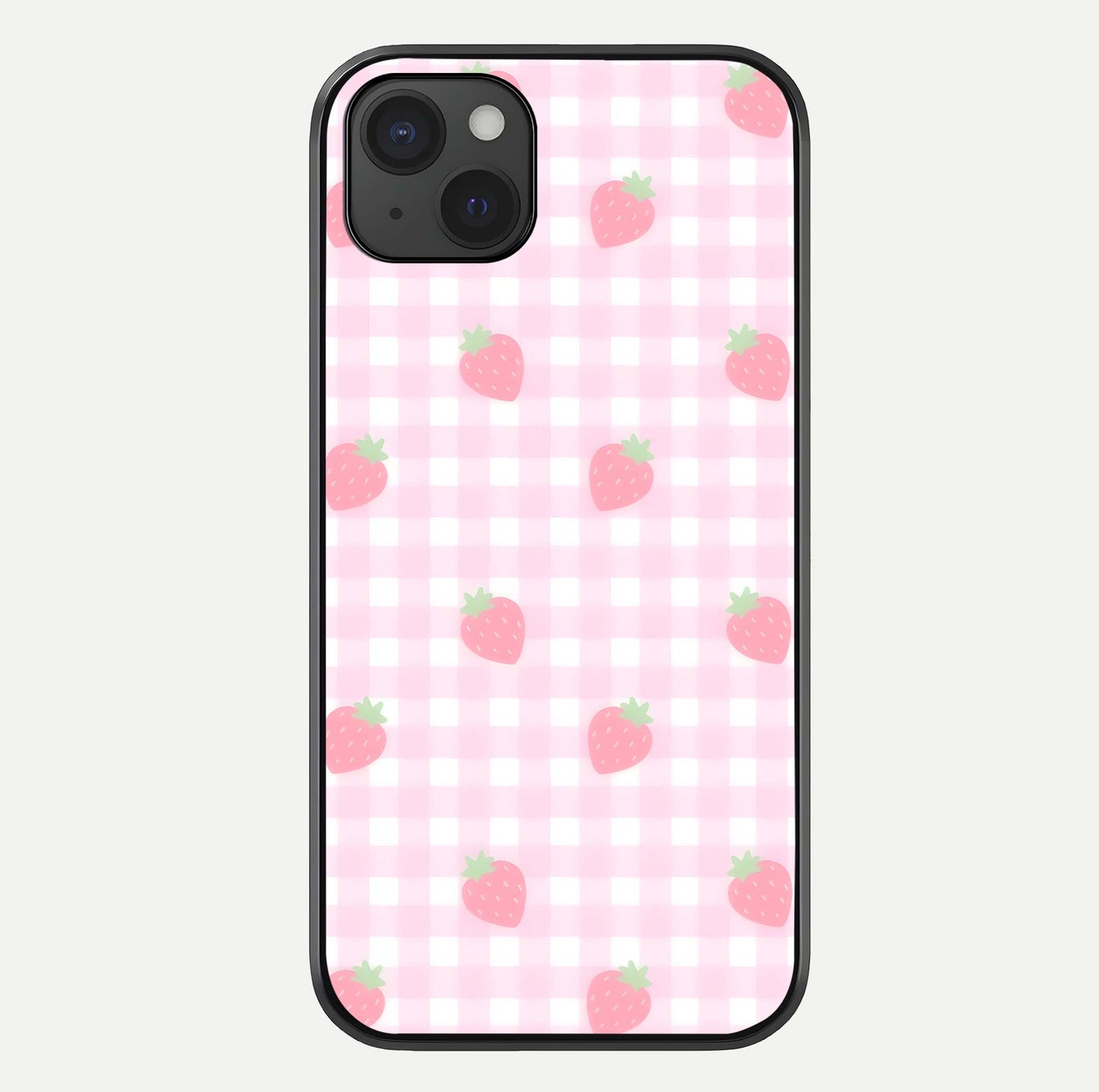 Strawberry Picnic Love iPhone 15 Plus glass phone case front view featuring cute strawberry picnic artwork with romantic vibe