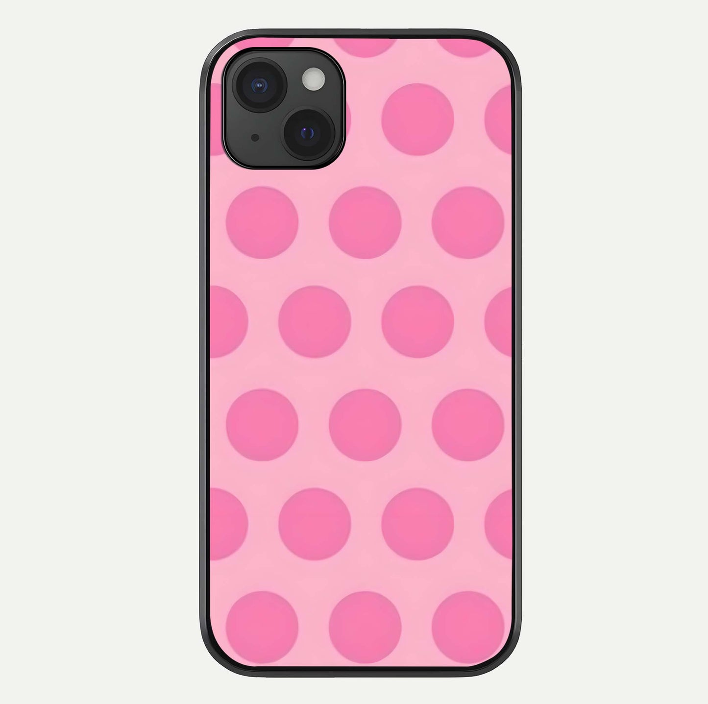 Sweet Dot Dreams iPhone 15 Plus glass phone case front view showcasing playful dot patterns with dreamy aesthetic