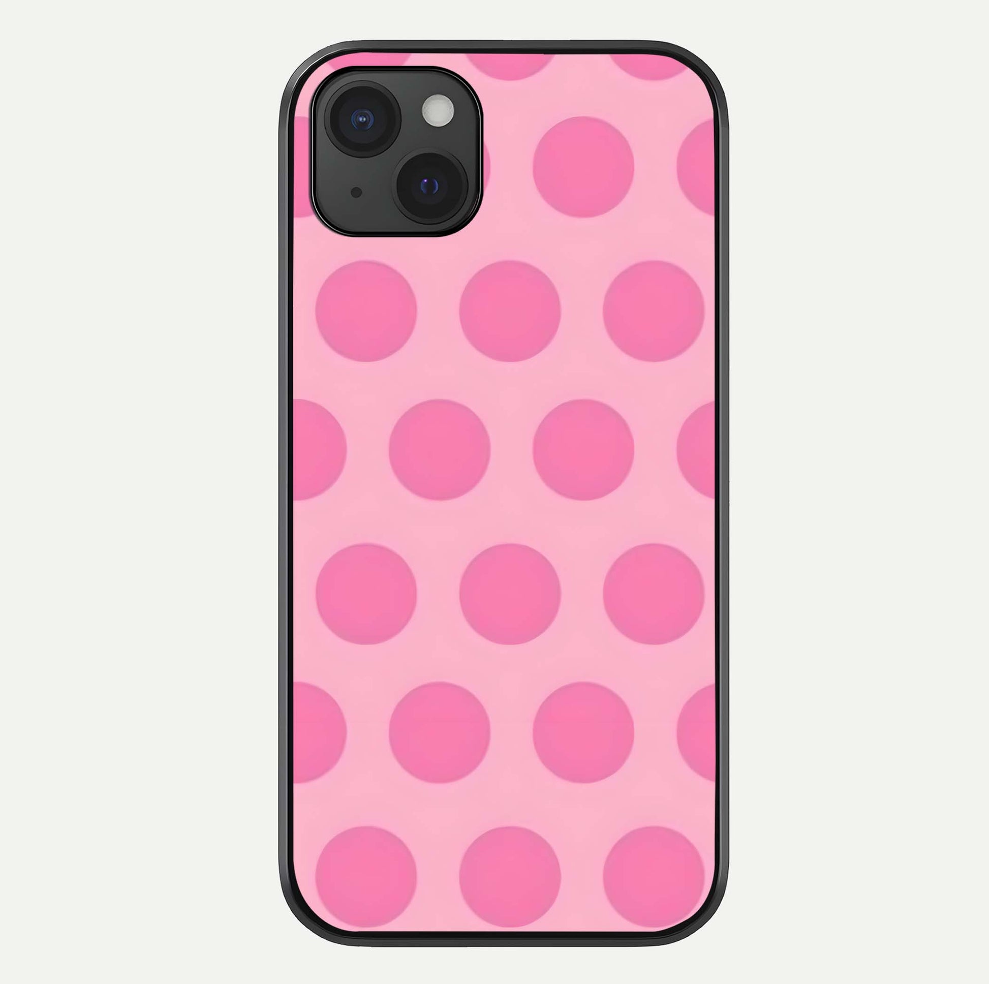 Sweet Dot Dreams iPhone 15 Plus glass phone case front view showcasing playful dot patterns with dreamy aesthetic