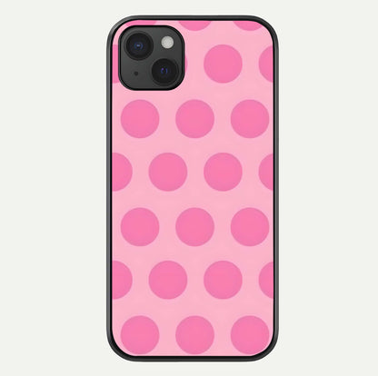 Sweet Dot Dreams iPhone 15 Plus glass phone case front view showcasing playful dot patterns with dreamy aesthetic