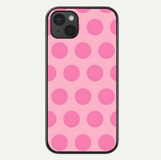 Sweet Dot Dreams iPhone 15 Plus glass phone case front view showcasing playful dot patterns with dreamy aesthetic