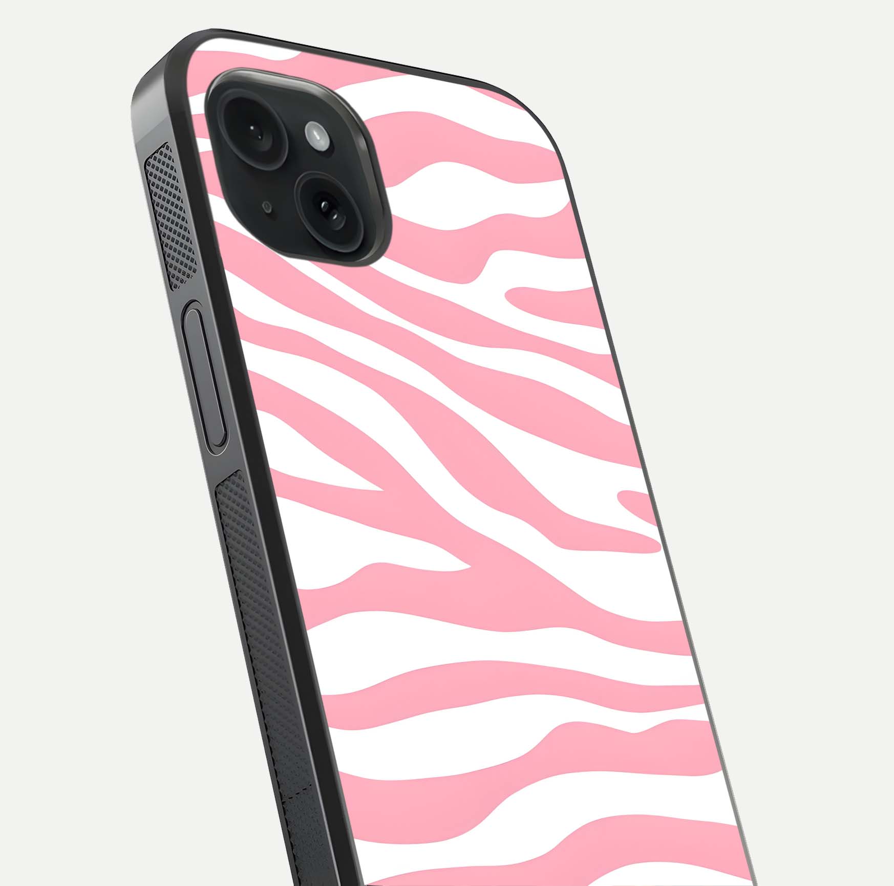 Blush Zebra Flow iPhone 15 Plus glass phone case angled back view highlighting bold zebra artwork and textured side grip