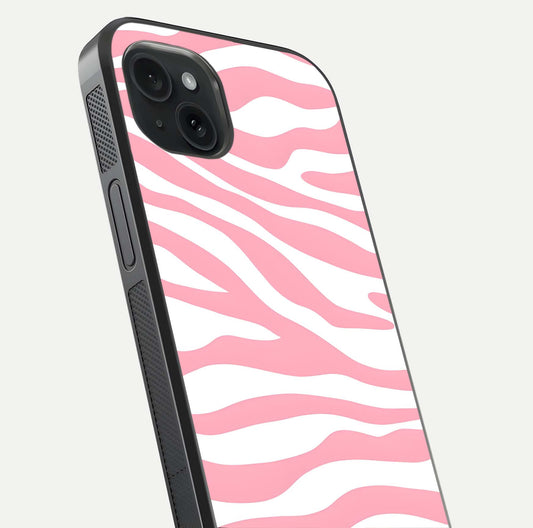 Blush Zebra Flow iPhone 15 Plus glass phone case angled back view highlighting bold zebra artwork and textured side grip