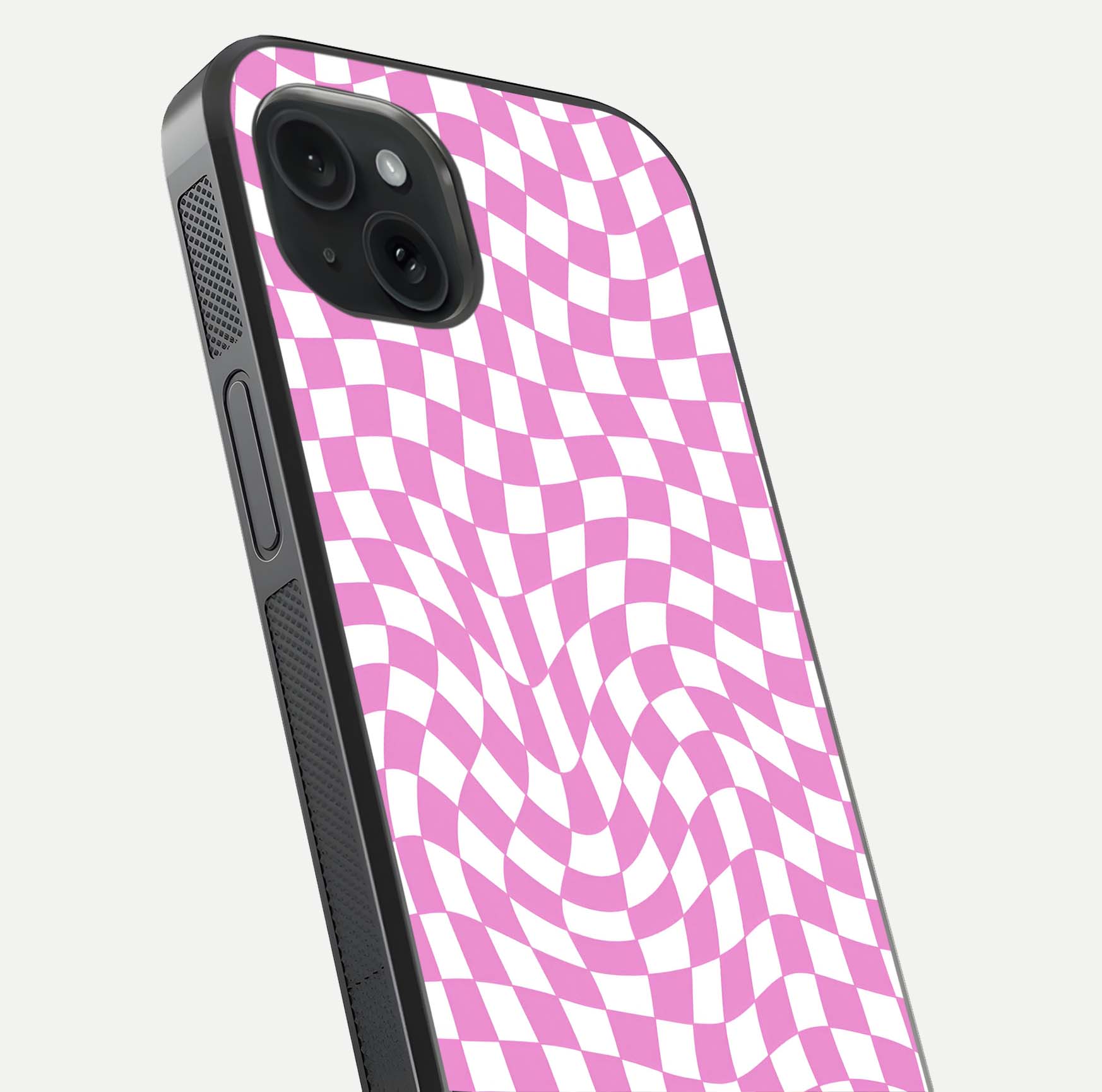 Bubblegum Check Wave iPhone 15 Plus glass phone case angled back view highlighting check wave artwork and side grip texture