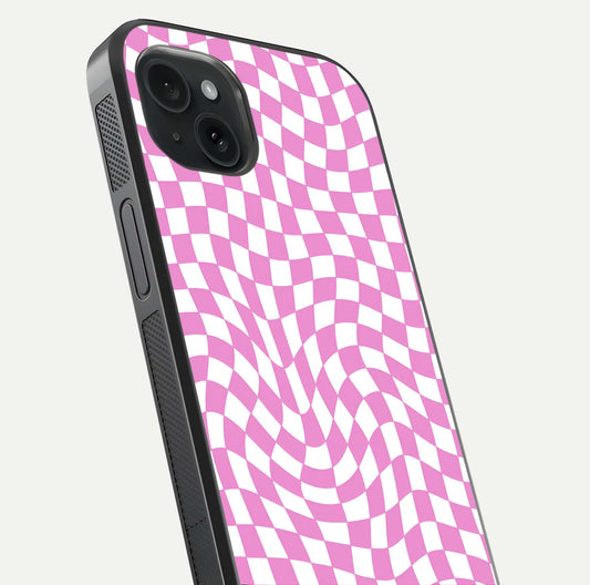 Bubblegum Check Wave iPhone 15 Plus glass phone case angled back view highlighting check wave artwork and side grip texture