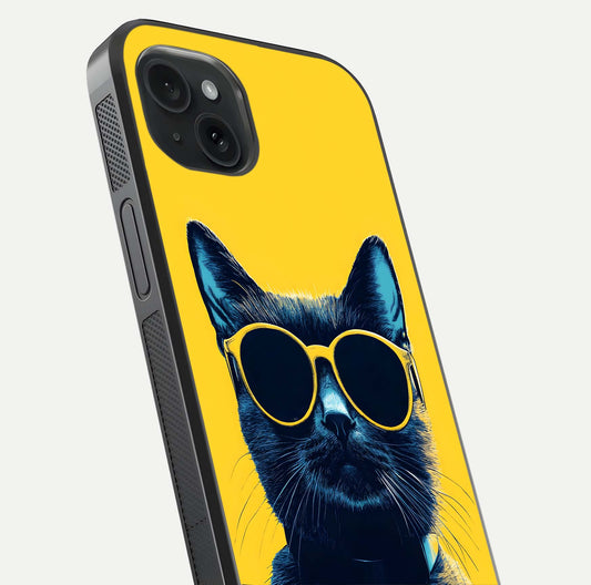 Cool Cat Vibes iPhone 15 Plus glass phone case angled back view highlighting cat artwork and textured side grip