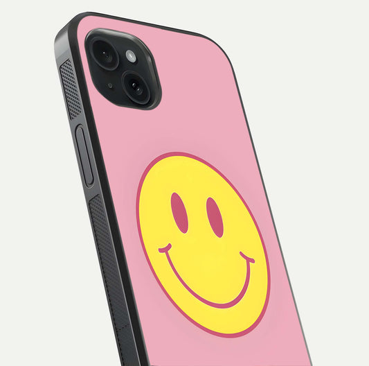Happy Pink Mood iPhone 15 Plus glass phone case angled back view highlighting bright pink artwork and side grip texture