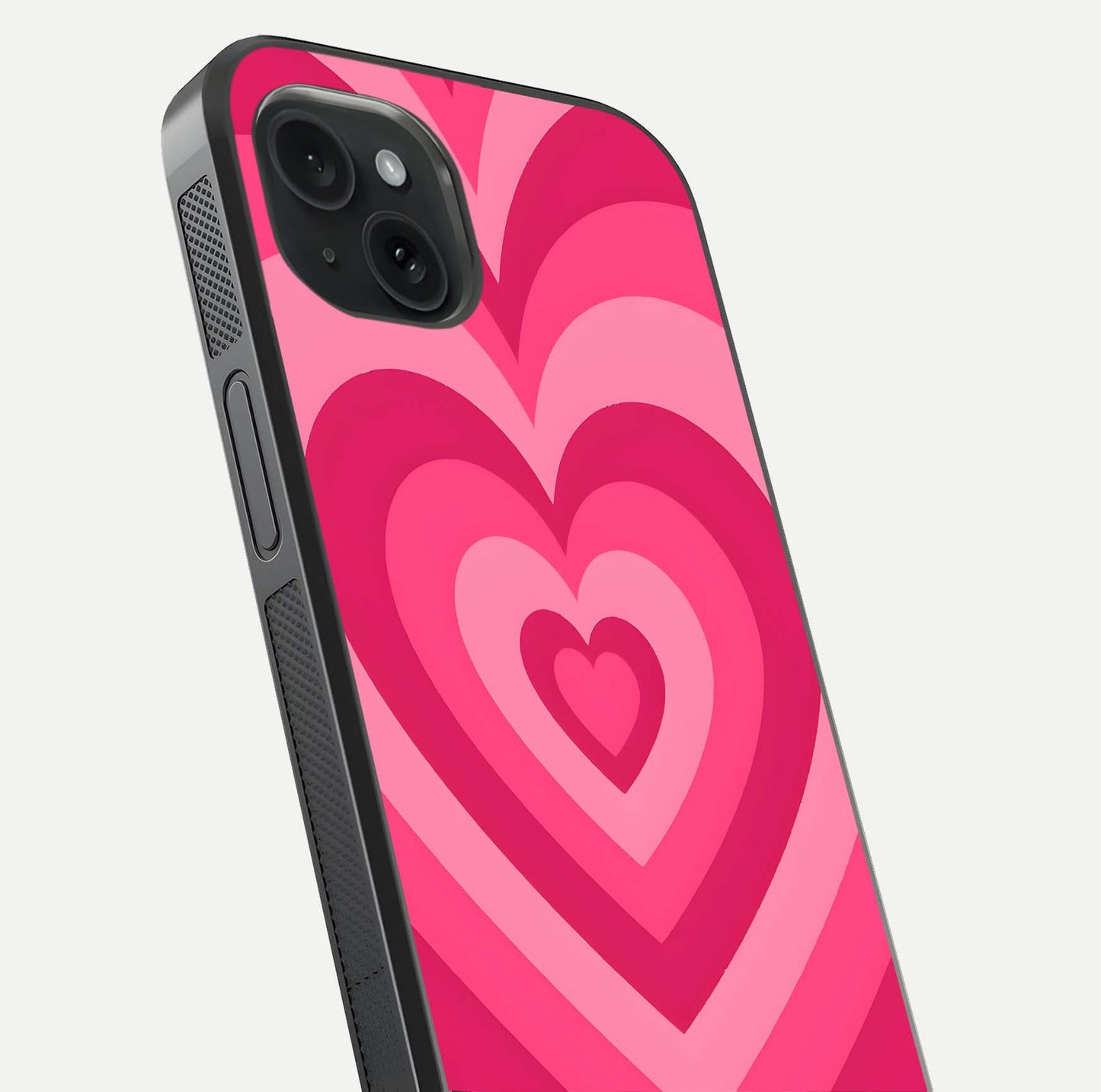 Layered Love Hearts iPhone 15 Plus glass phone case angled back view highlighting heart artwork and textured grip edges